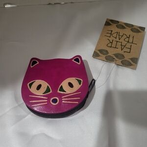 Cute Coin Purse, Small Purple Cat Face - Leather, Zipper - Handmade- Fair Trade